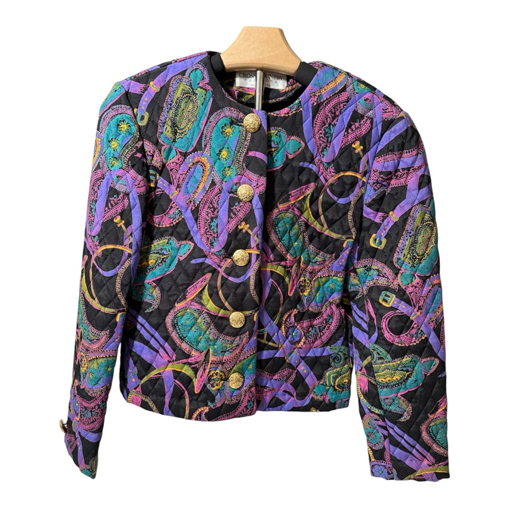 Vintage 90s Quilted Paisley Jacket USA Gold Button Cropped Blazer 4P